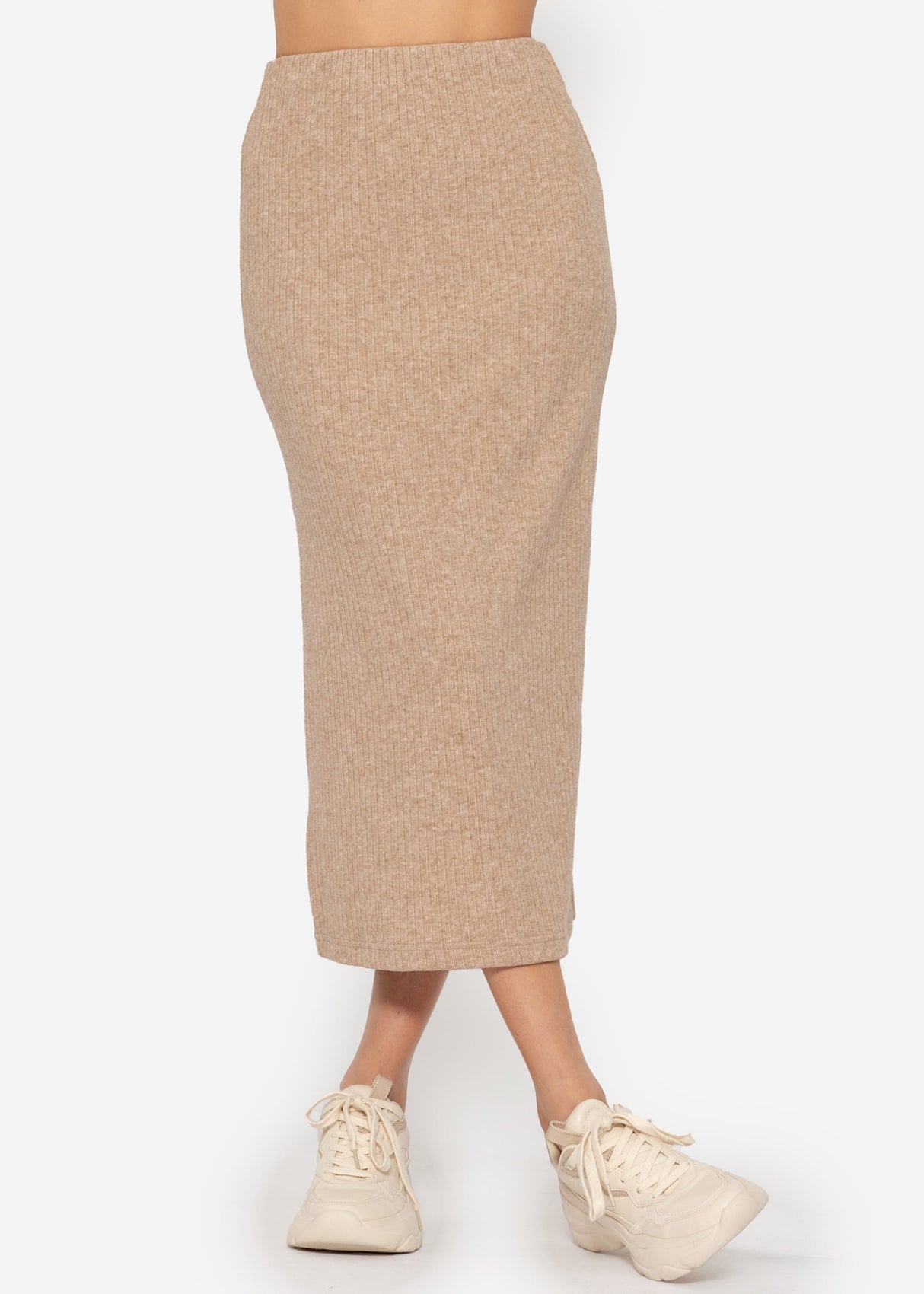 Ribbed midi-length skirt - beige