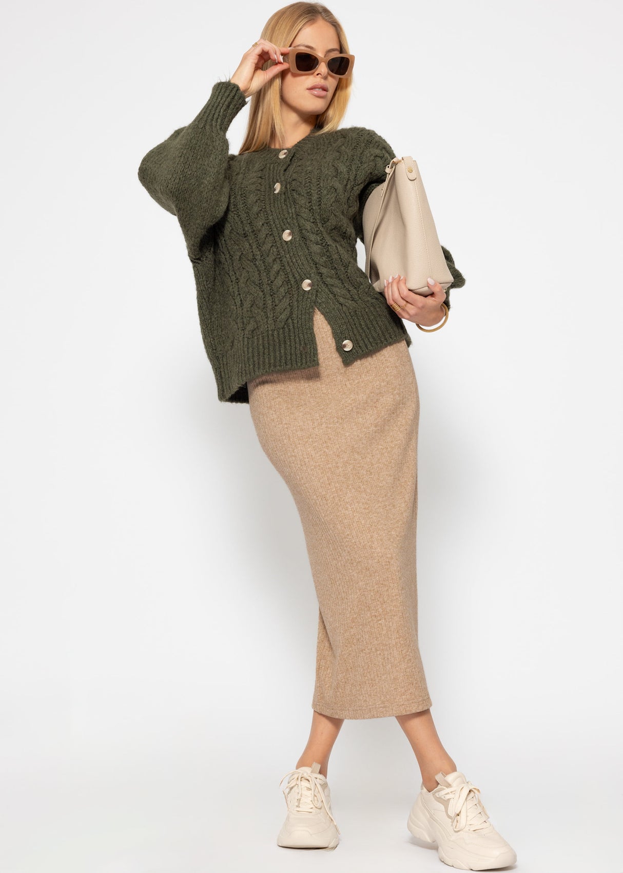 Ribbed midi-length skirt - beige