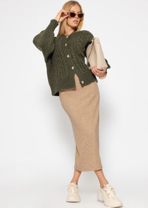 Ribbed midi-length skirt - beige
