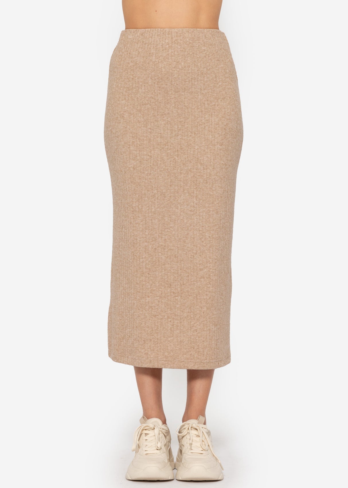 Ribbed midi-length skirt - beige