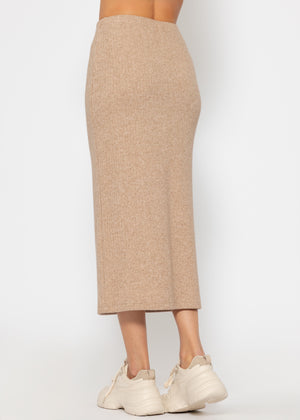 Ribbed midi-length skirt - beige