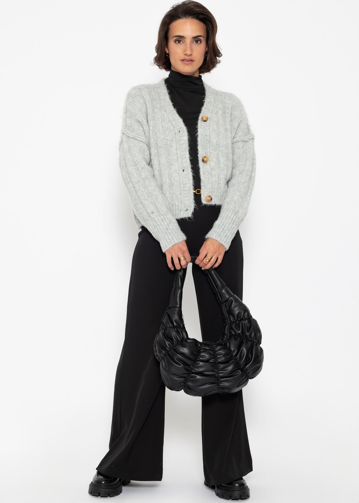 Ribbed knit cardigan with buttons - light grey
