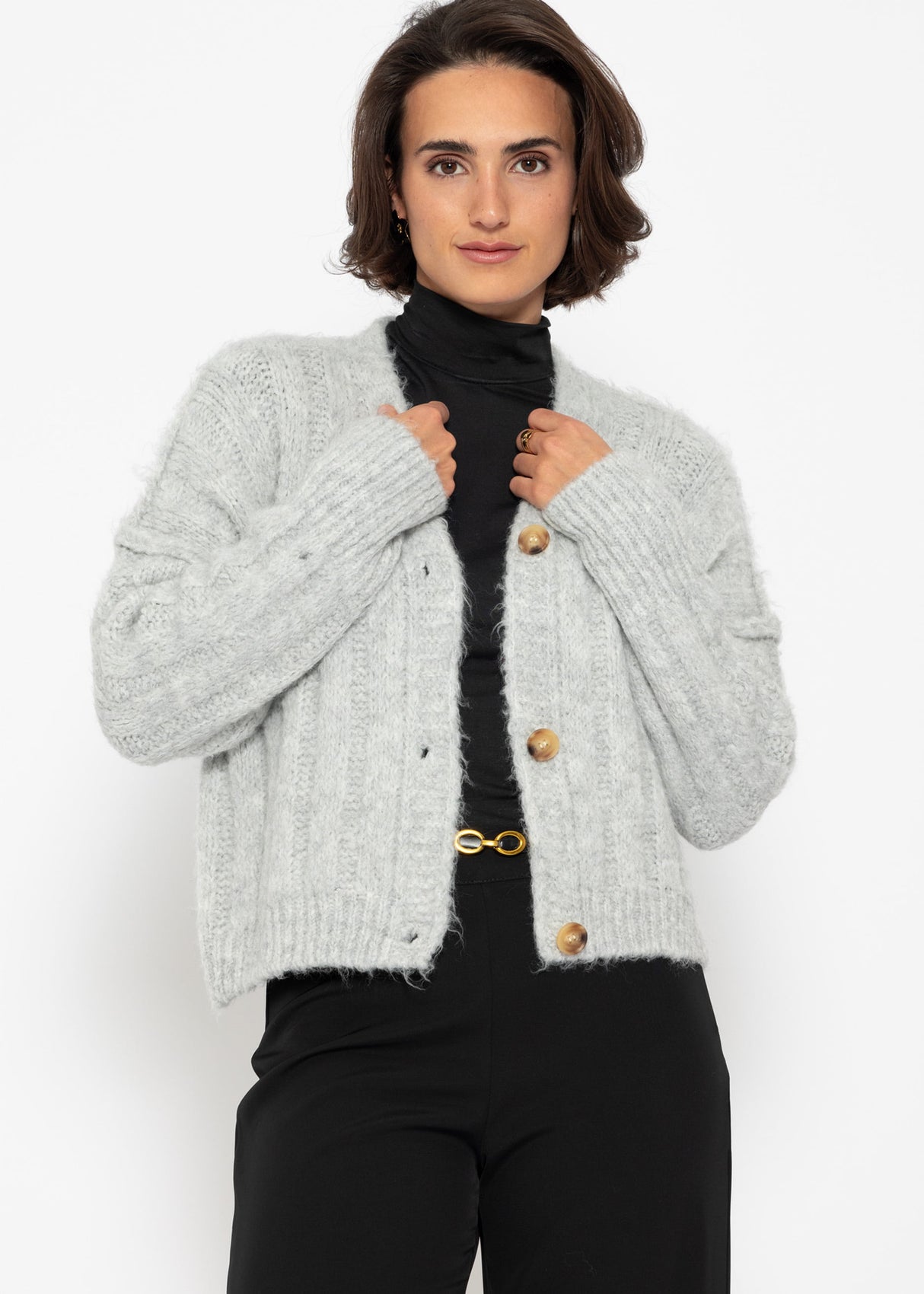 Ribbed knit cardigan with buttons - light grey