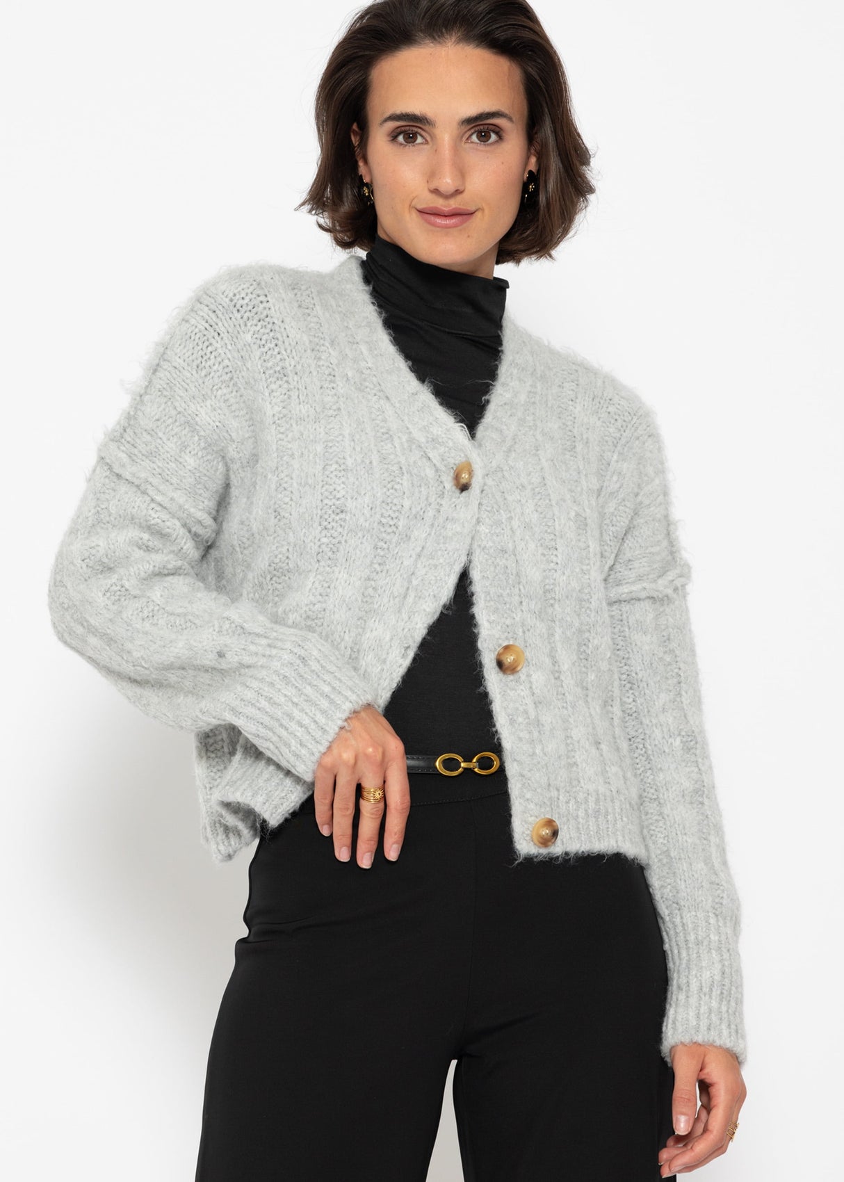 Ribbed knit cardigan with buttons - light grey