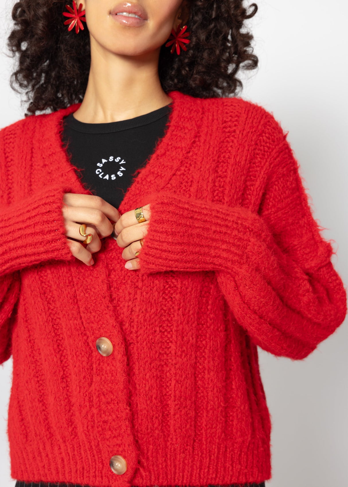 Ribbed knit cardigan with buttons - red