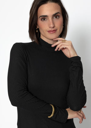 Ribbed long-sleeved shirt with stand-up collar - black