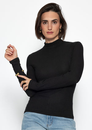 Ribbed long-sleeved shirt with stand-up collar - black