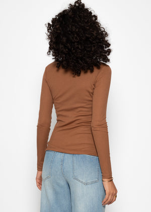 Geripptes Langarmshirt mit Knopfleiste - braun