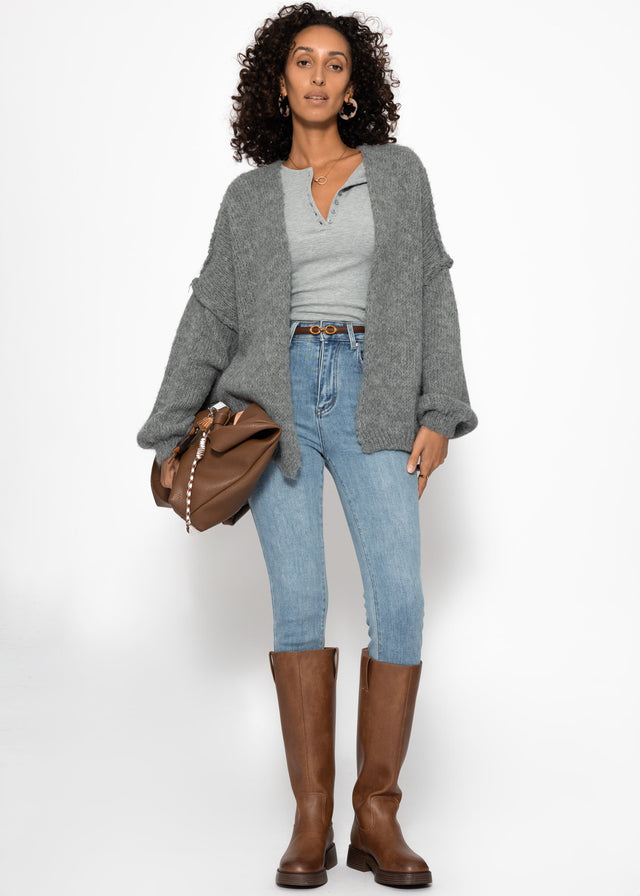 Ribbed long-sleeved top with button placket - grey