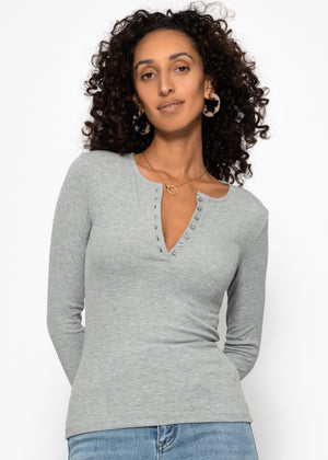 Ribbed T -shirt with button placket - gray