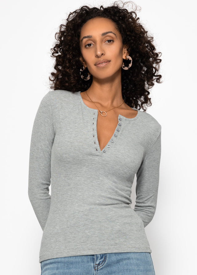 Ribbed long-sleeved top with button placket - grey