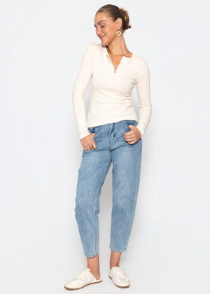 Geripptes Langarmshirt mit Knopfleiste - hellbeige