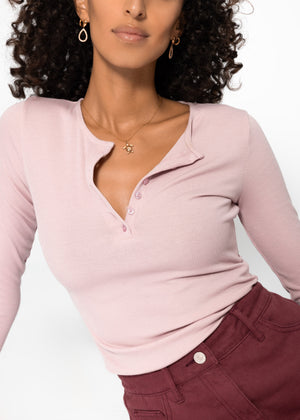 Ribbed T -shirt with button placket - powder pink