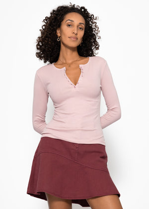 Ribbed T -shirt with button placket - powder pink