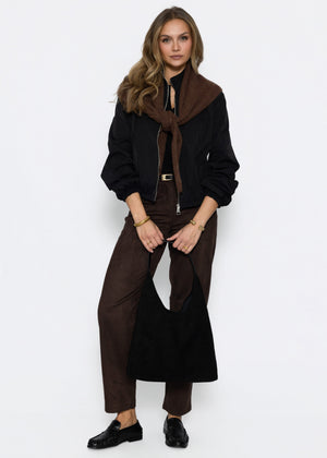 Geripptes Langarmshirt mit Knopfleiste - schwarz