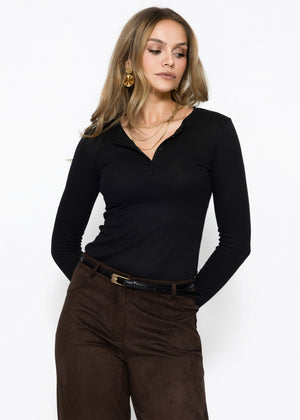 Geripptes Langarmshirt mit Knopfleiste - schwarz