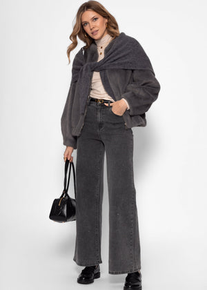 Ribbed long-sleeved shirt with stand-up collar - beige