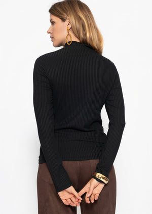 Geripptes Langarmshirt mit Stehkragen - schwarz