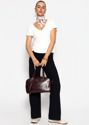 Geripptes T-Shirt mit V-Ausschnitt - offwhite