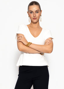 Geripptes T-Shirt mit V-Ausschnitt - offwhite