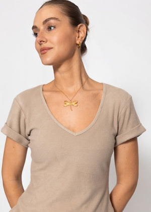 Geripptes T-Shirt mit V-Ausschnitt - taupe