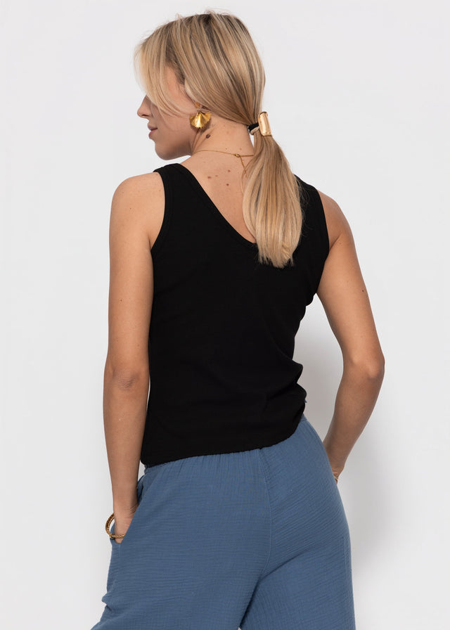 Ribbed tank top with V-neck - black