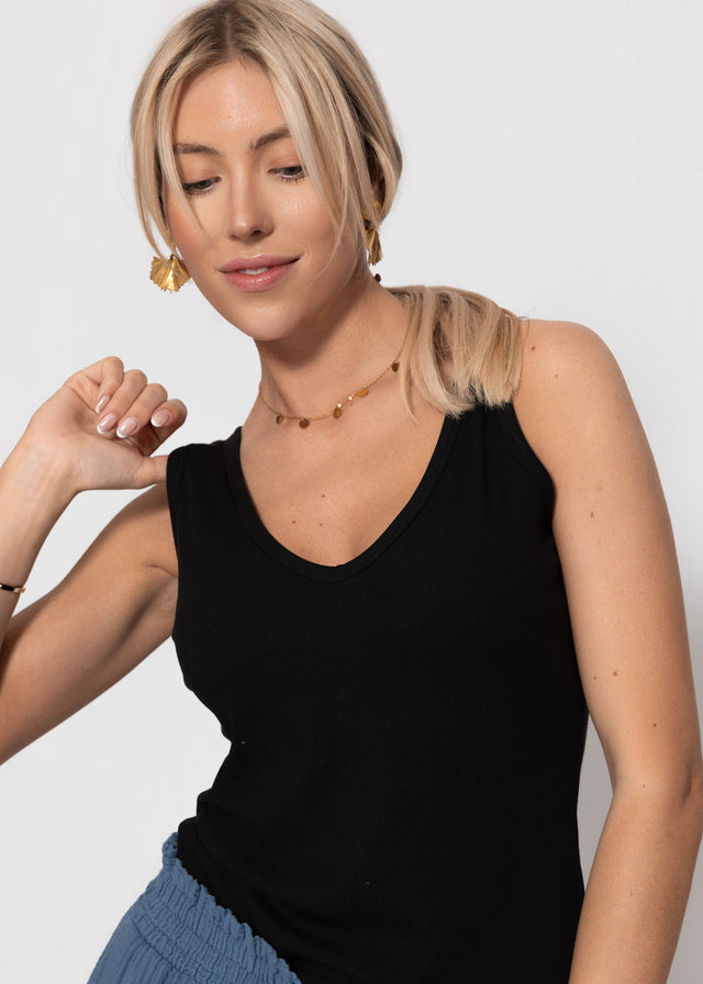 Ribbed tank top with V-neck - black