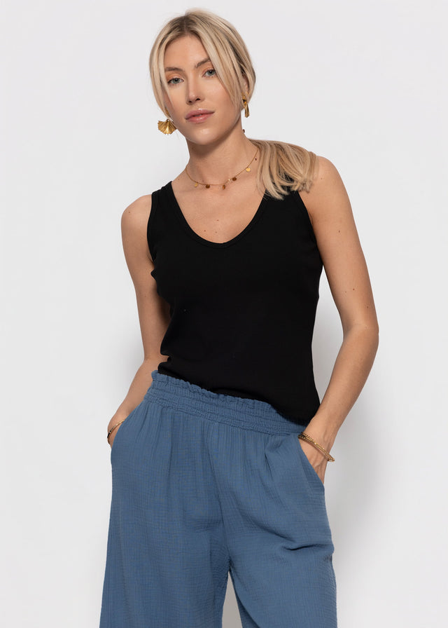 Ribbed tank top with V-neck - black