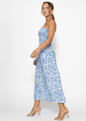 Smoked bandeau dress with print - jeans blue