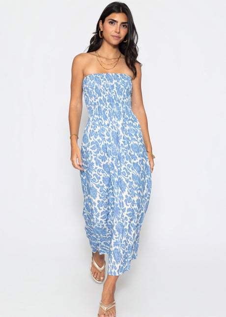 Smoked bandeau dress with print - jeans blue by SASSYCLASSY