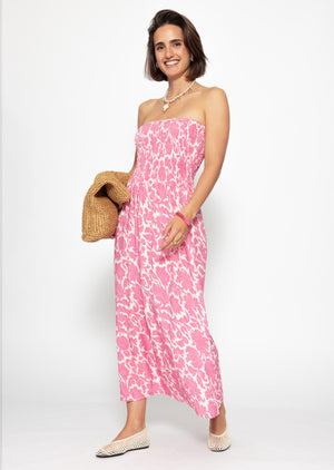 Smoked bandeau dress with print - pink