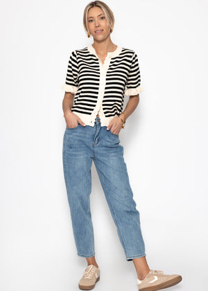 Gestreifte Kurzarm-Strickjacke mit Volants - offwhite-schwarz