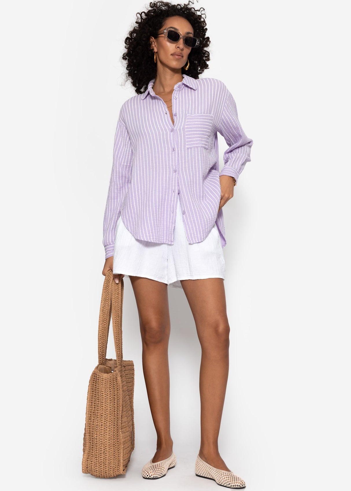 Gestreifte Musselin Hemdbluse - flieder