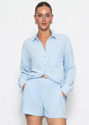 Gestreifte Musselin Hemdbluse - hellblau