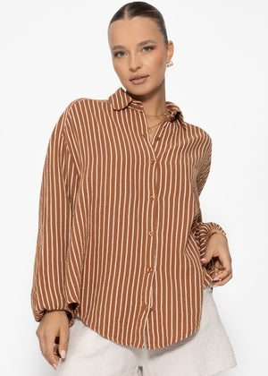 Gestreifte oversize Musselin Bluse - cognac
