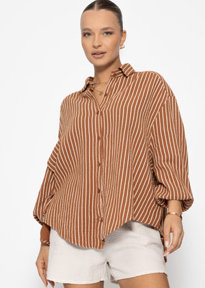 Gestreifte oversize Musselin Bluse - cognac