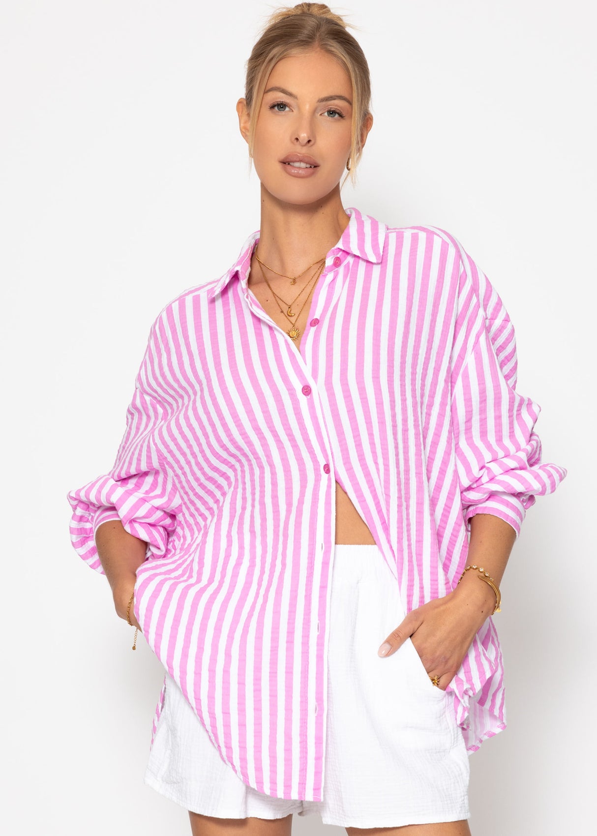 Gestreifte Oversize Musselin Bluse - rosa