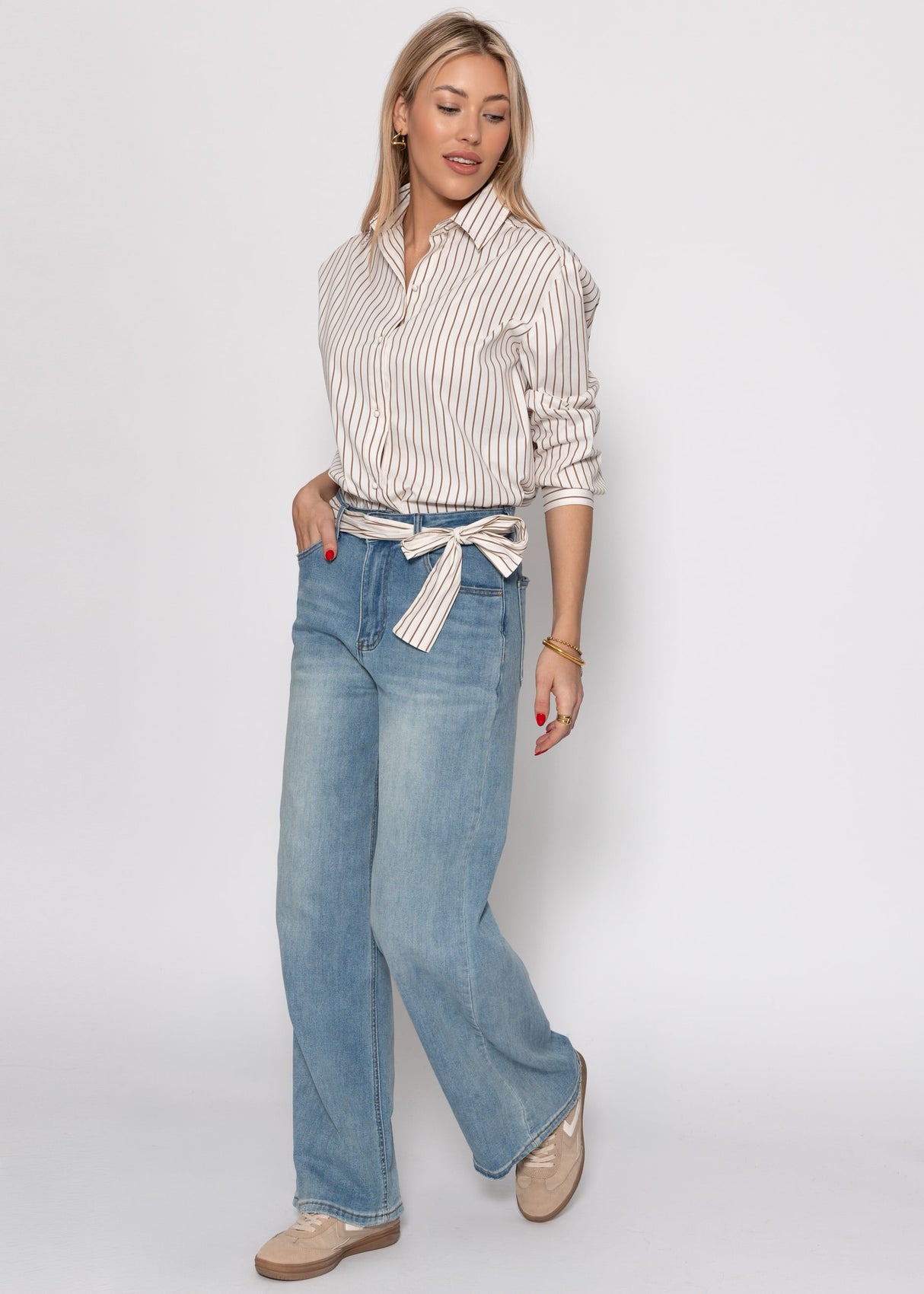 Gestreifte Schluppenbluse - beige