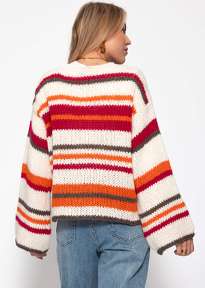 Bunt gestreifte Strickjacke mit Schleifenverschluss - orange-pink