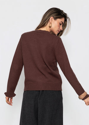 Gestreifte Strickjacke mit Volants - braun