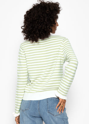 Gestreifte Strickjacke mit Volants - grün