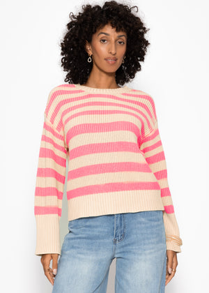 Striped cotton sweater - beige-salmon