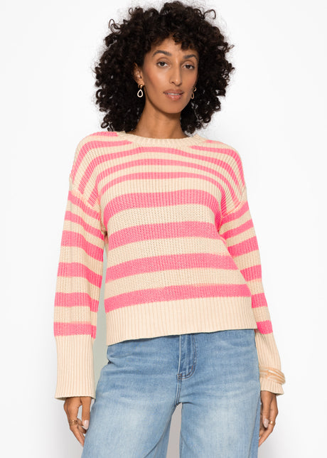 Gestreifter Baumwoll-Pullover - beige-lachs