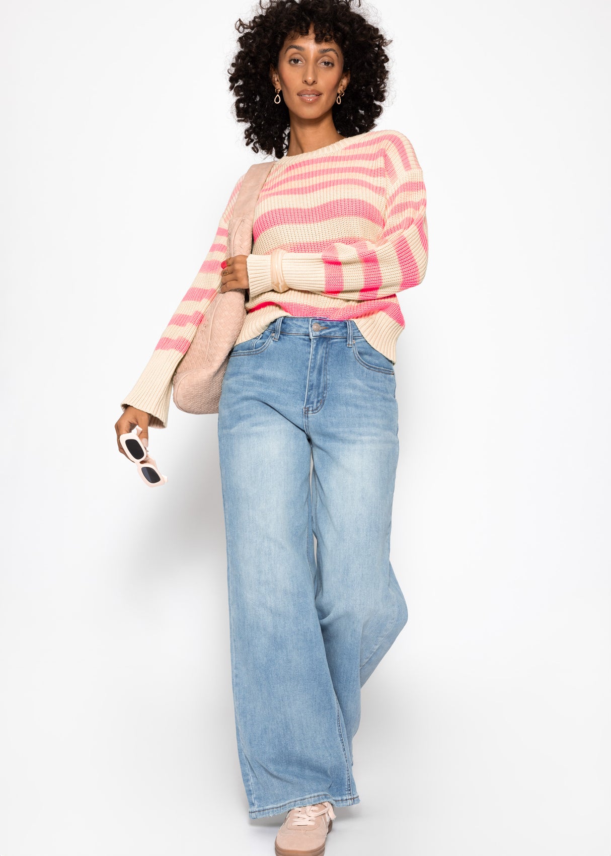 Striped cotton sweater - beige-salmon