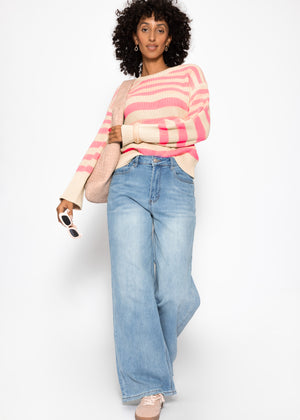 Striped cotton sweater - beige-salmon