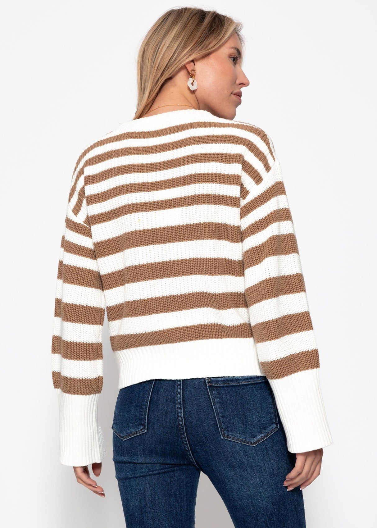 Gestreifter Baumwoll-Pullover - weiß-braun