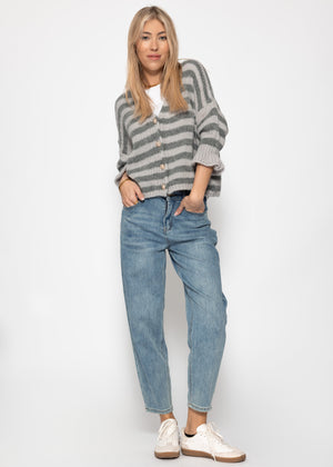 Gestreifter Cardigan mit 3/4-Ärmeln - grau