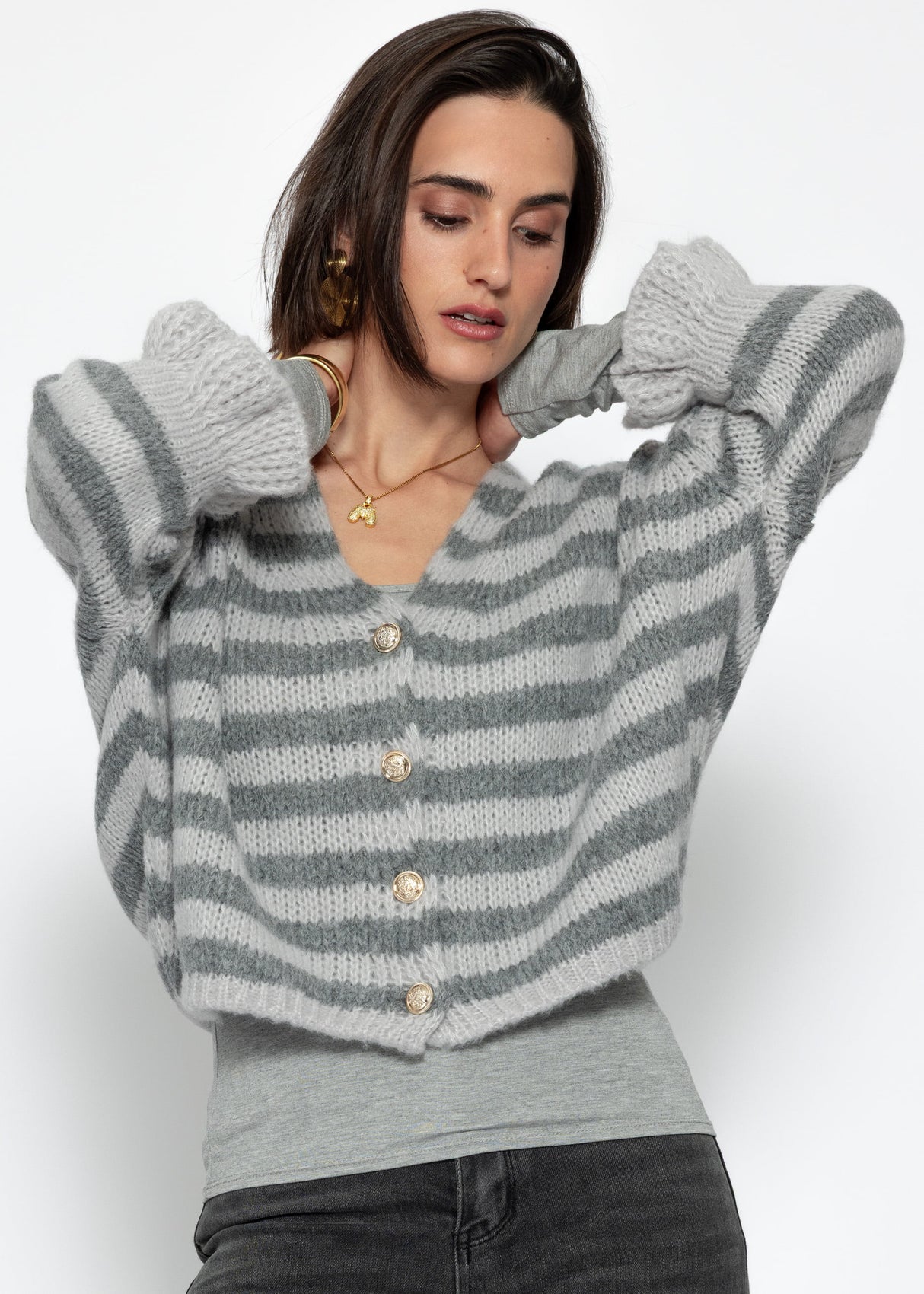 Striped cardigan with 3/4 sleeves - grey