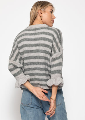 Gestreifter Cardigan mit 3/4-Ärmeln - grau