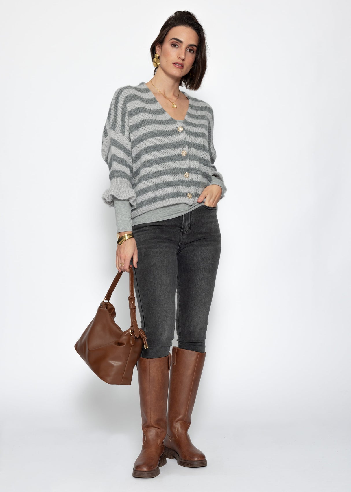Striped cardigan with 3/4 sleeves - grey